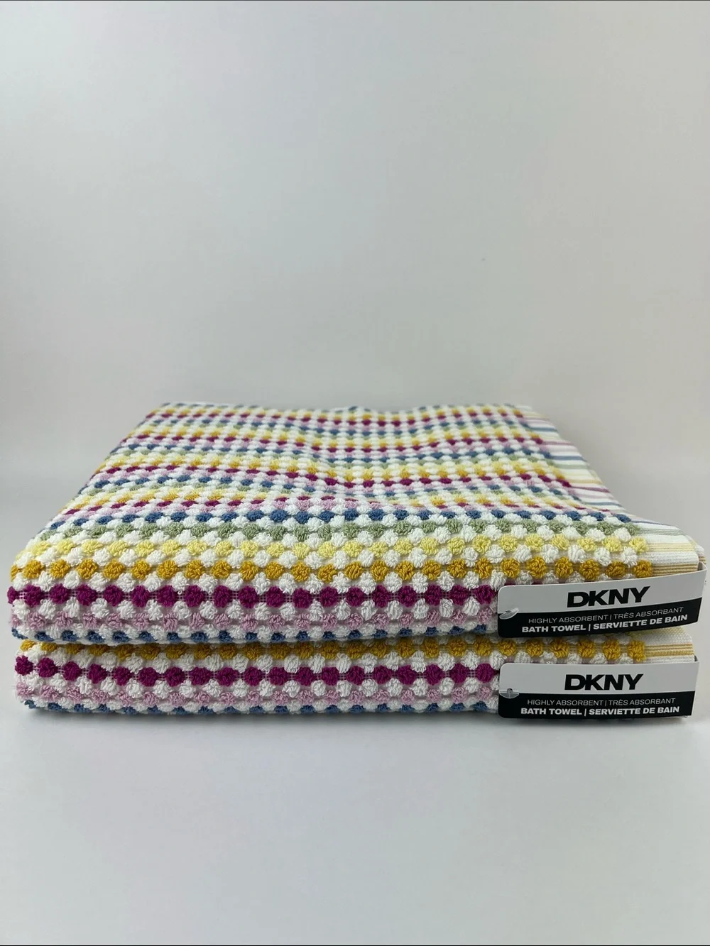DKNY Bath Towels Multi Color Stripes & Dots Soft 100% Cotton 2 Pc Set NEW
